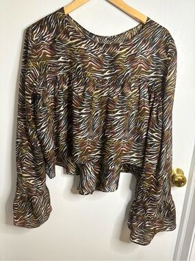 NWOT IRO JEANS Sz L Multicolor Animal Print Silk Ruffle Bell Sleeve Cropped Top